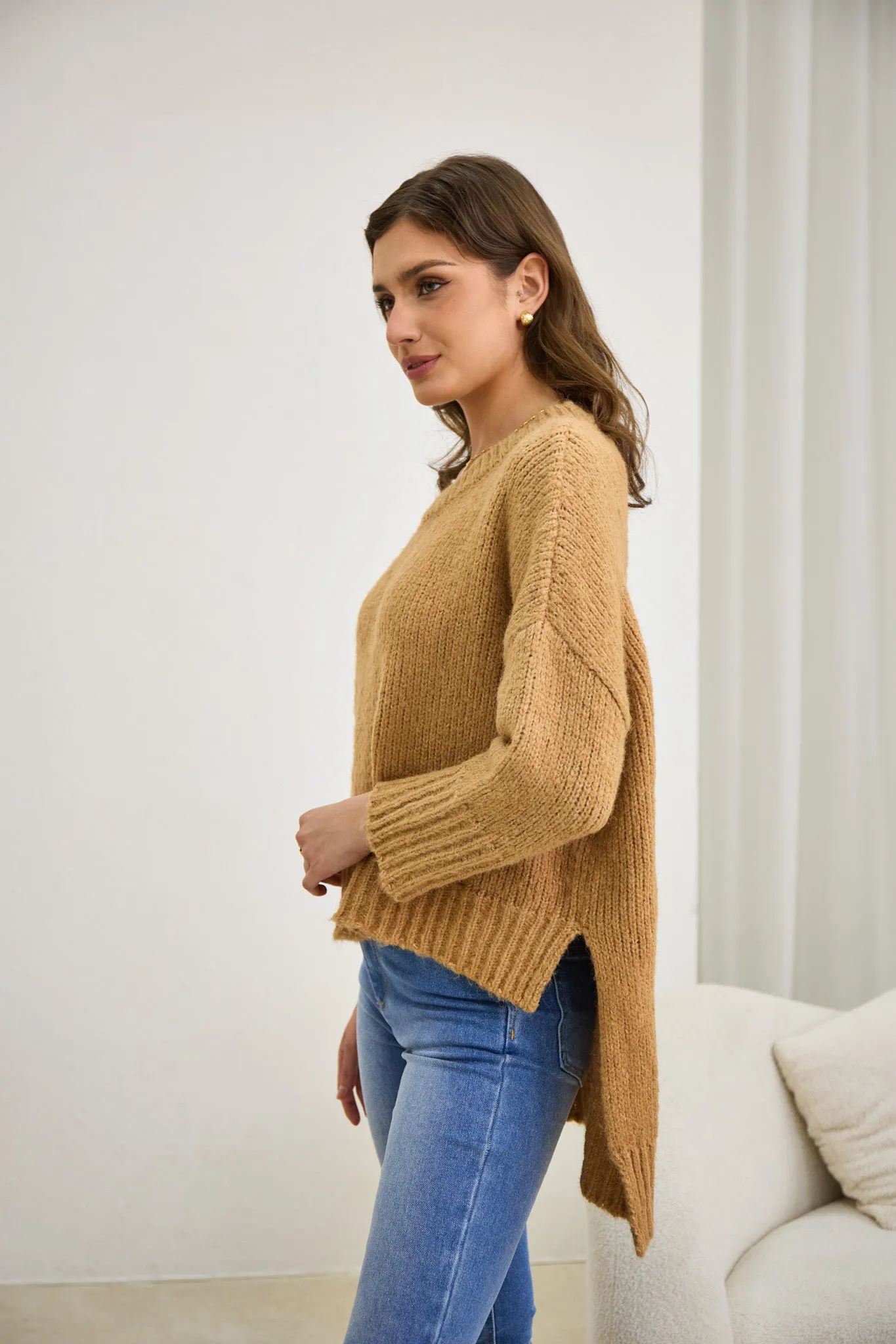 Nora Brown Step Hem Knit Sweater