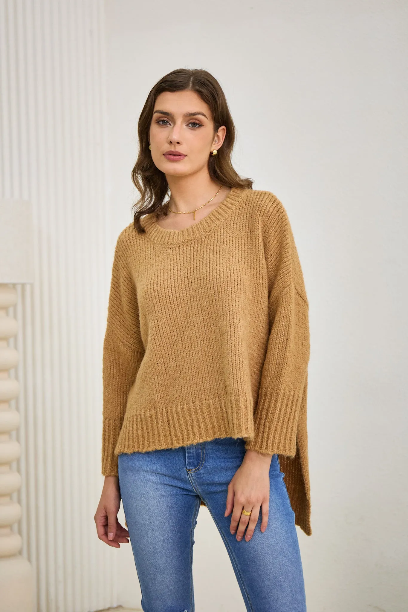 Nora Brown Step Hem Knit Sweater