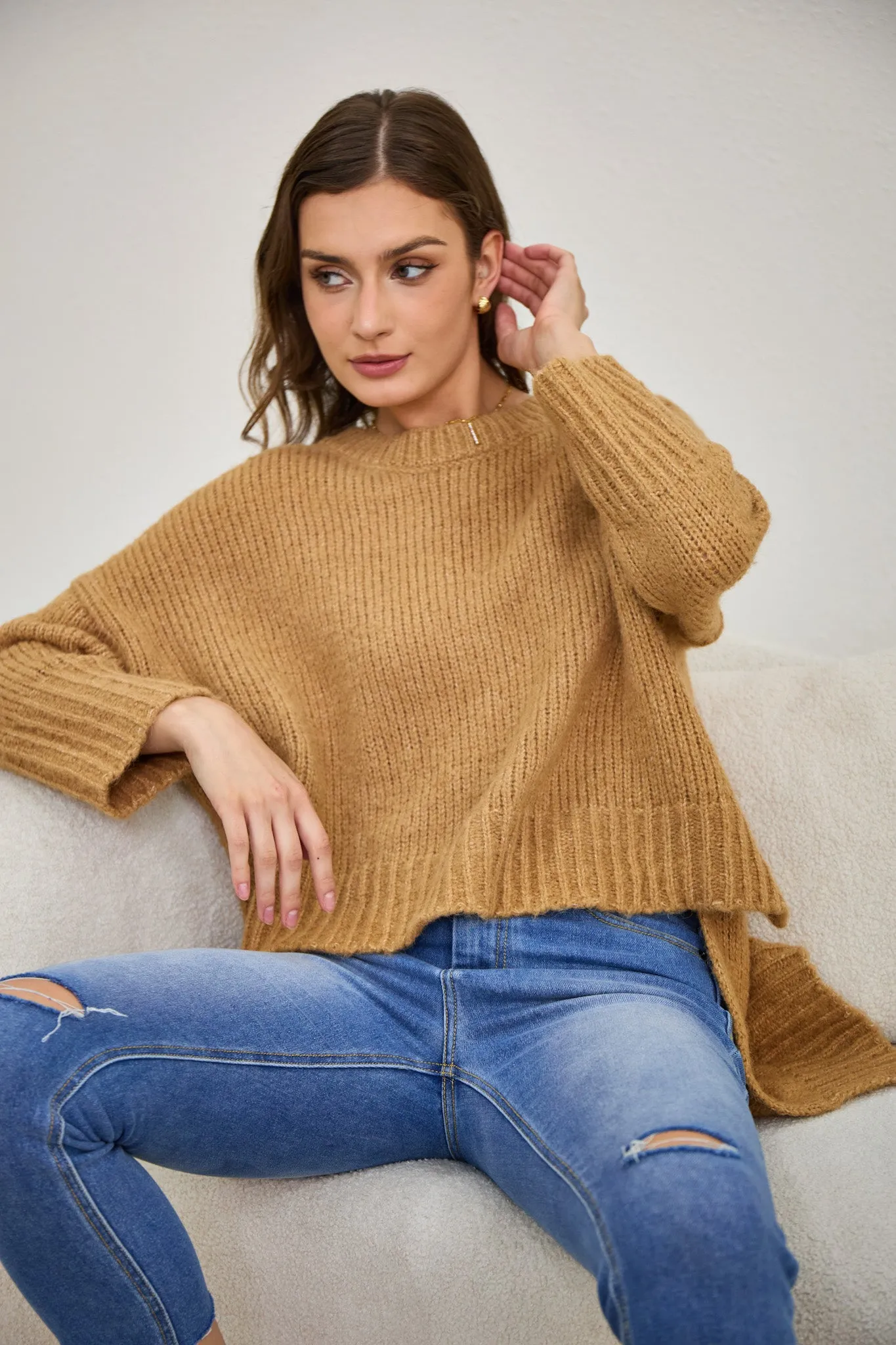 Nora Brown Step Hem Knit Sweater