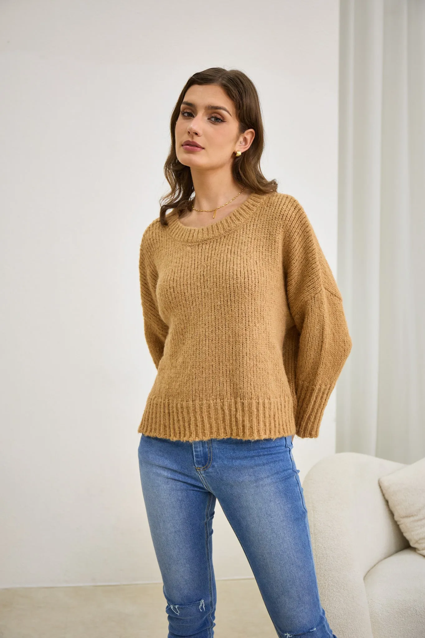 Nora Brown Step Hem Knit Sweater