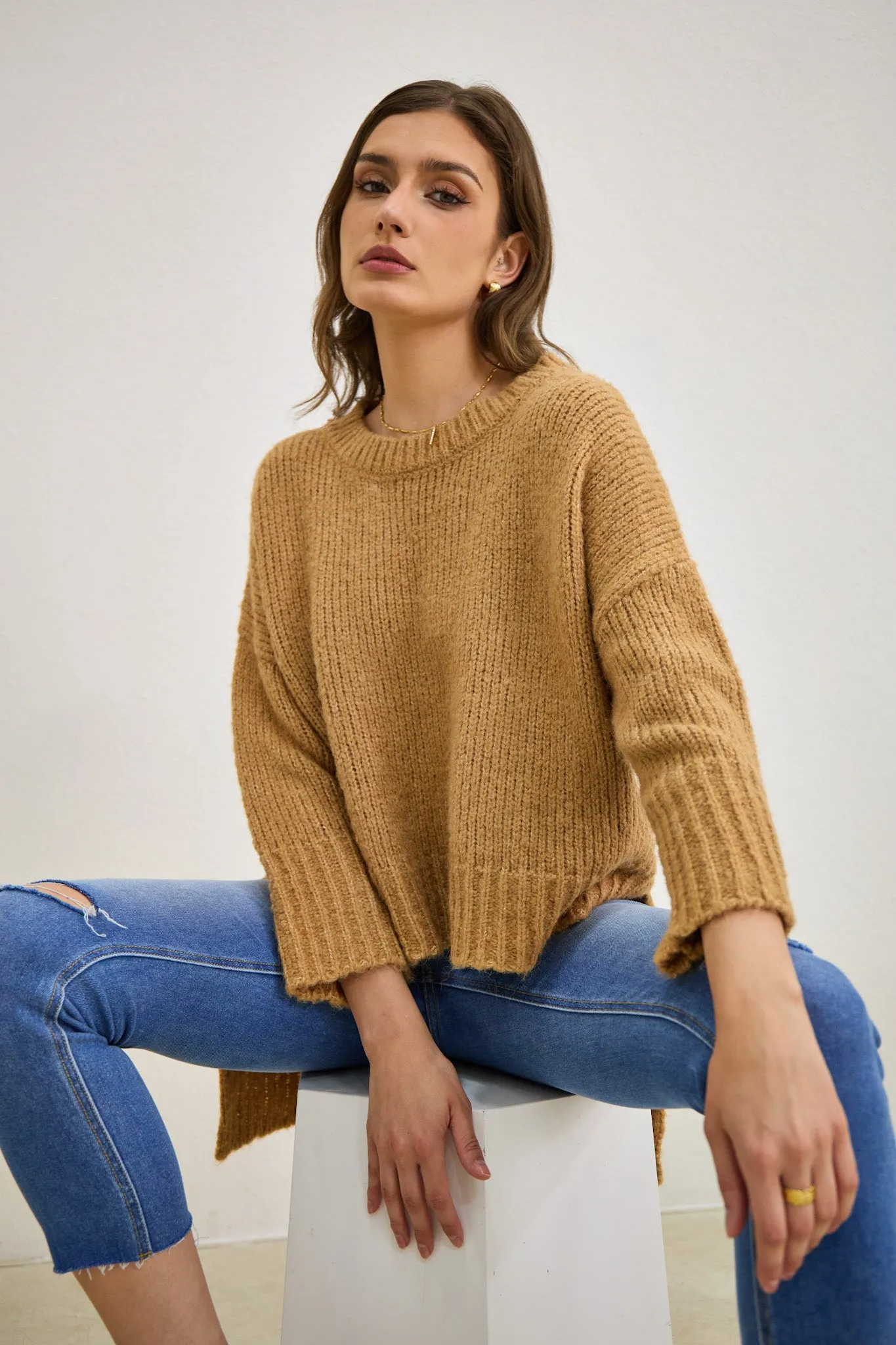 Nora Brown Step Hem Knit Sweater