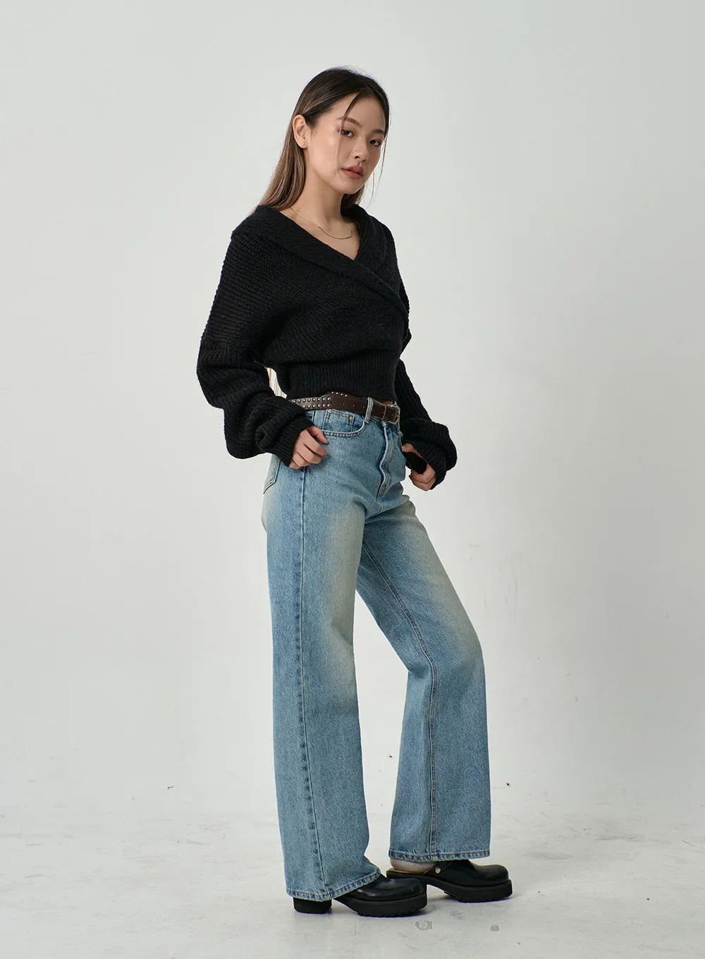 Off-Shoulder V-Neck Crossed Sweater CD19