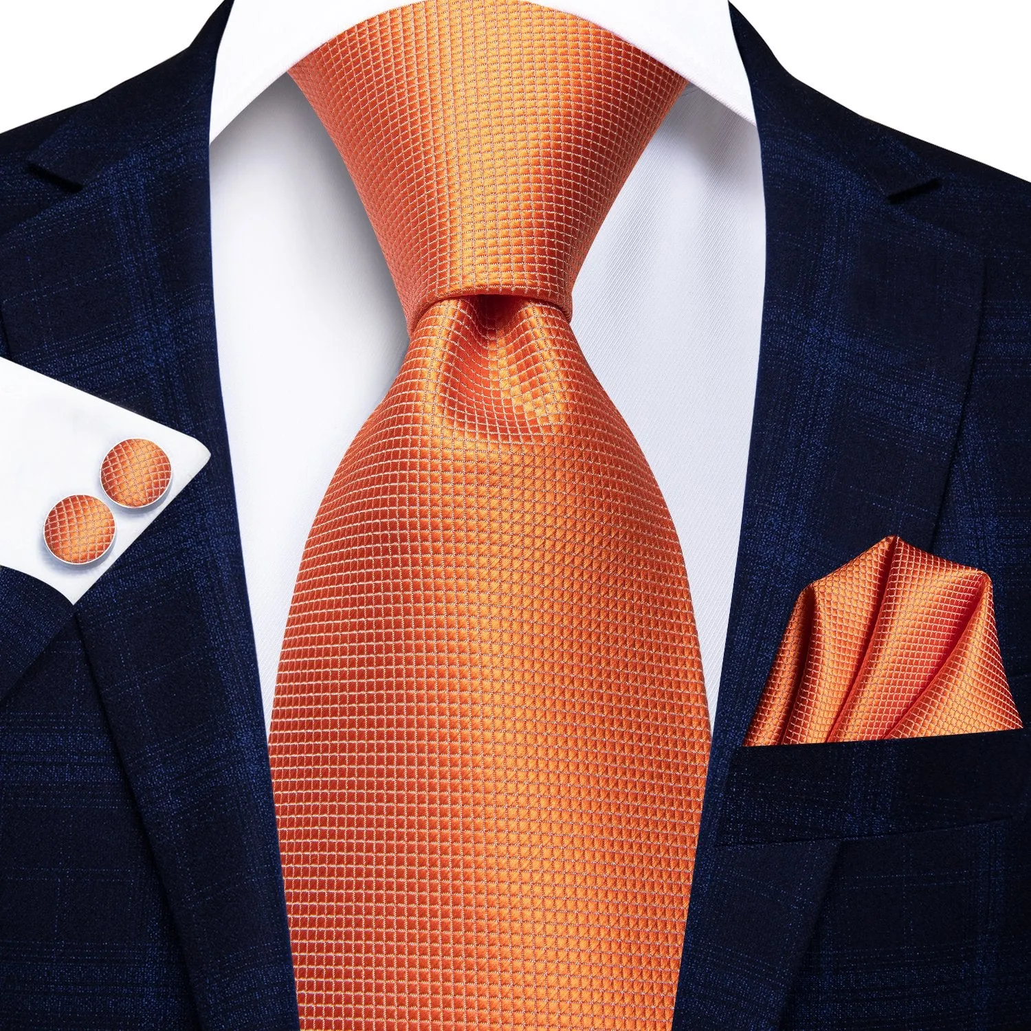 Orange Solid Tie Tie Handkerchief Cufflinks Set with Wedding Brooch