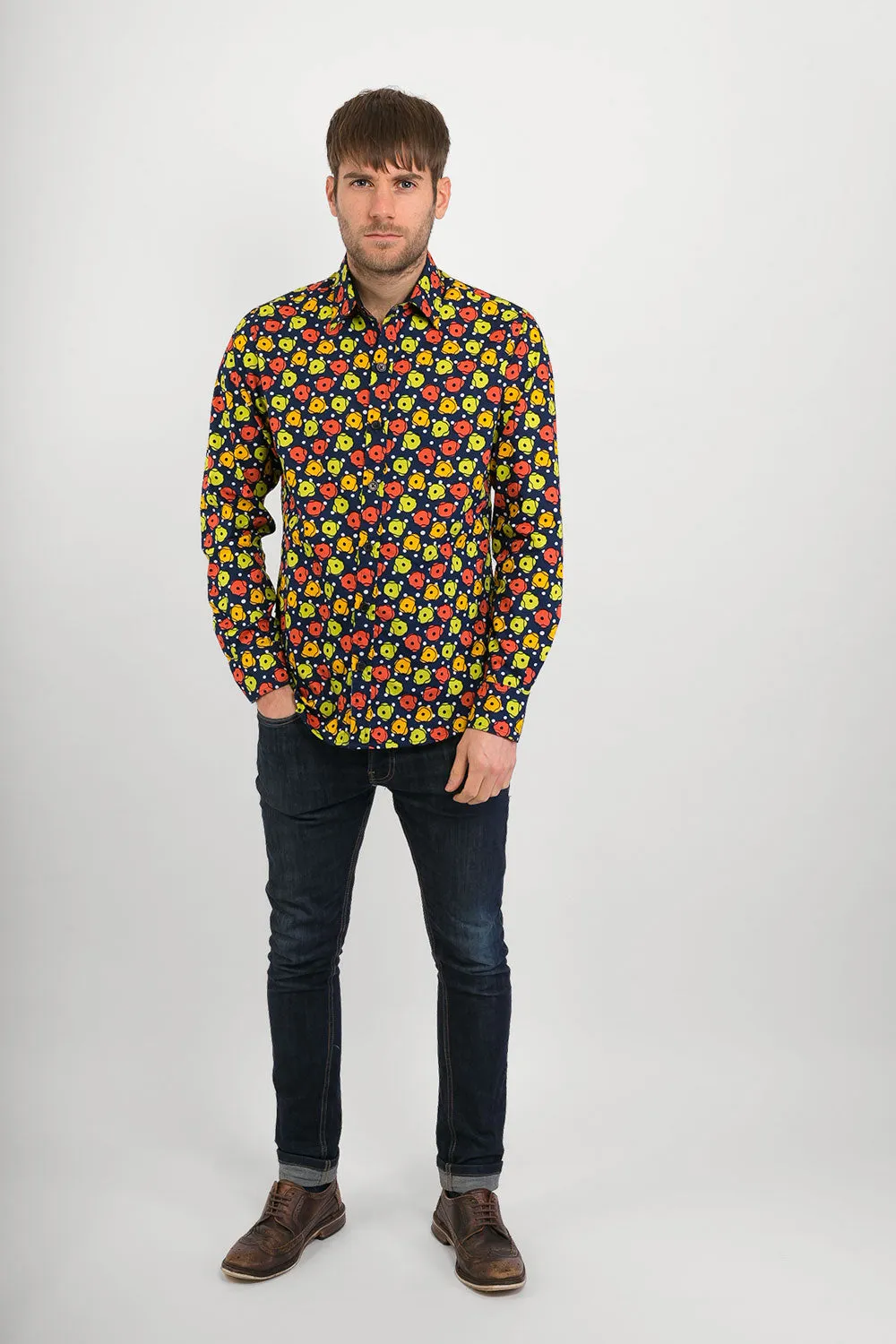 Orange Yellow Green Flower Blue Print Cotton Slim Fit Mens Shirt Long Sleeve