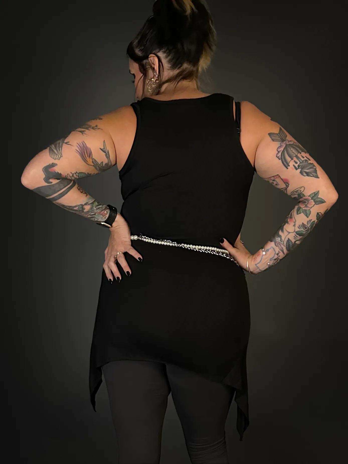 Outfit Set - Goth Pointy Bottom Stretch Camisole Dress & Charcoal Ripped Leggings