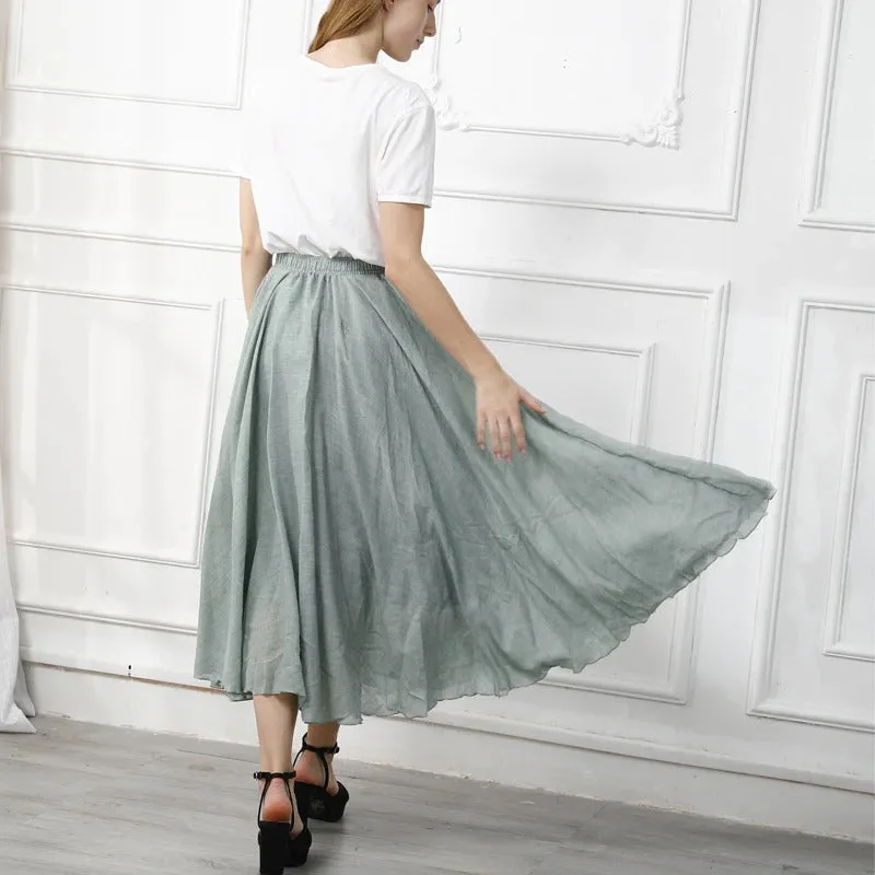 Pastel Color Elastic High Waist Pleated A-Line Maxi Skirts