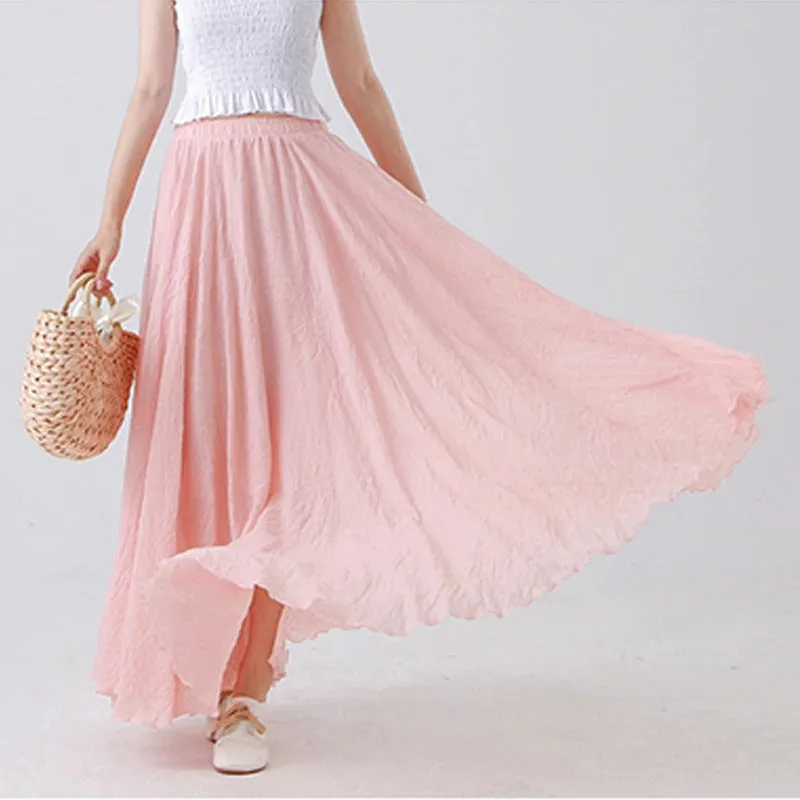 Pastel Color Elastic High Waist Pleated A-Line Maxi Skirts