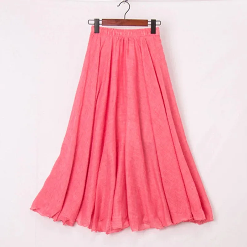 Pastel Color Elastic High Waist Pleated A-Line Maxi Skirts