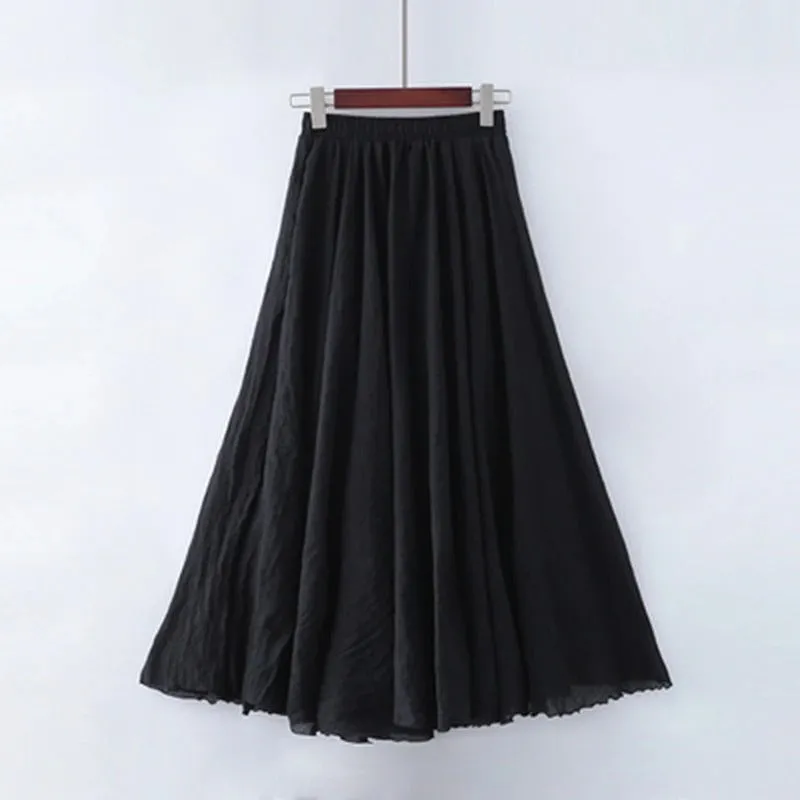 Pastel Color Elastic High Waist Pleated A-Line Maxi Skirts