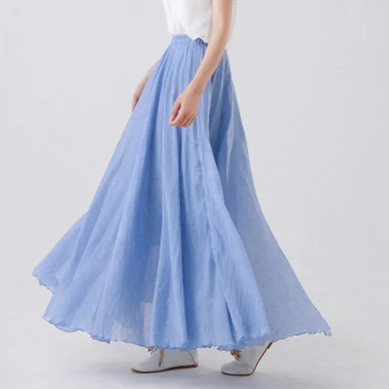 Pastel Color Elastic High Waist Pleated A-Line Maxi Skirts