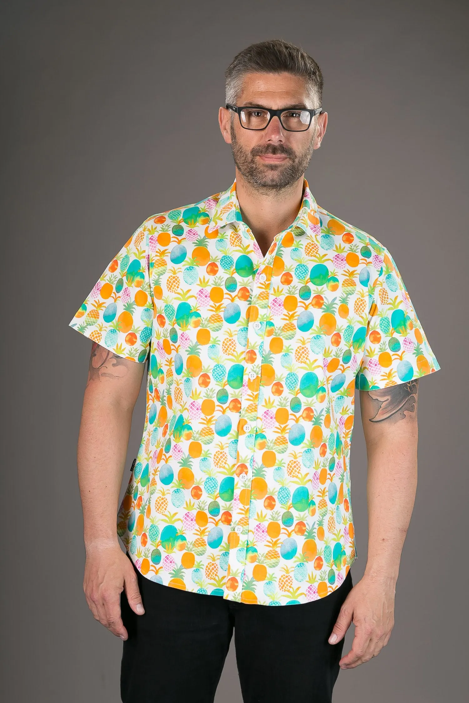 Pineapple Multi Colour Print Cotton Slim Fit Mens Shirt Short Sleeve