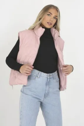 PINK MATTE FAUX LEATHER HIGH NECK PUFFER GILET