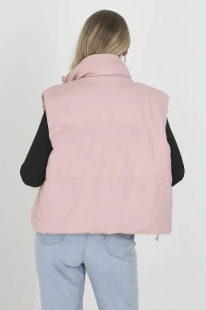 PINK MATTE FAUX LEATHER HIGH NECK PUFFER GILET