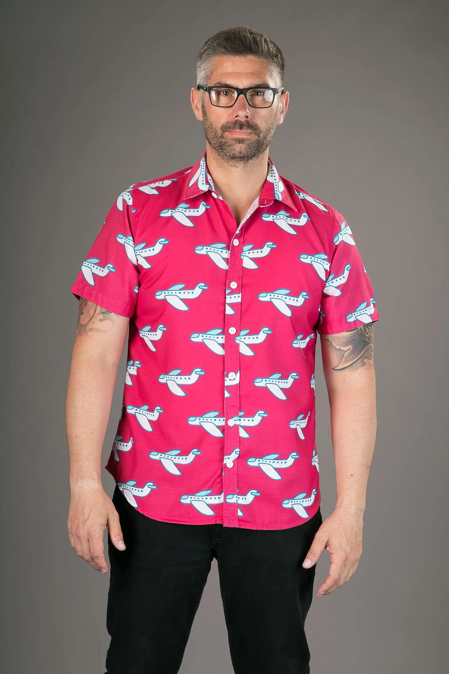 Pink White Aeroplane Print Cotton Slim Fit Mens Shirt Short Sleeve