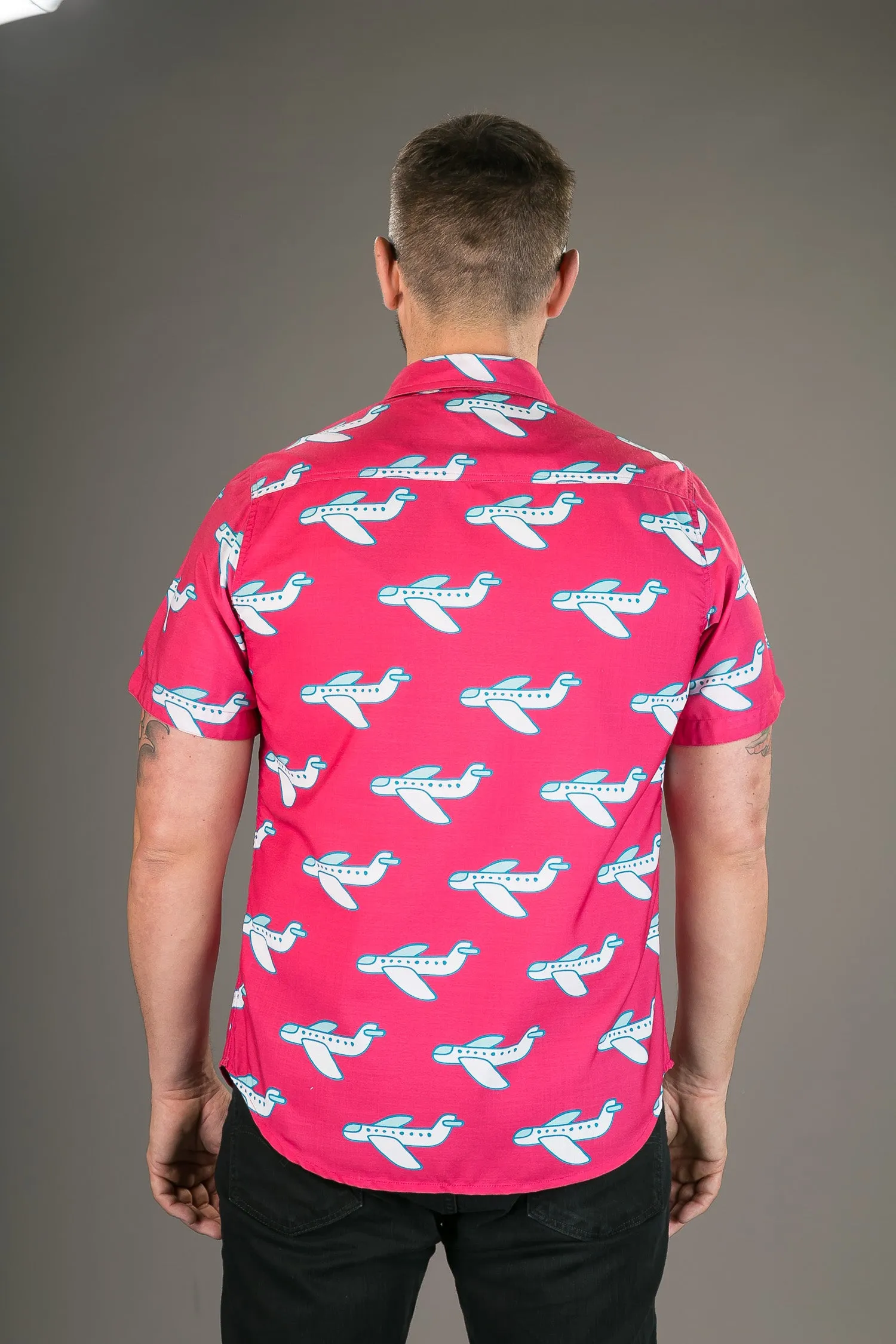 Pink White Aeroplane Print Cotton Slim Fit Mens Shirt Short Sleeve