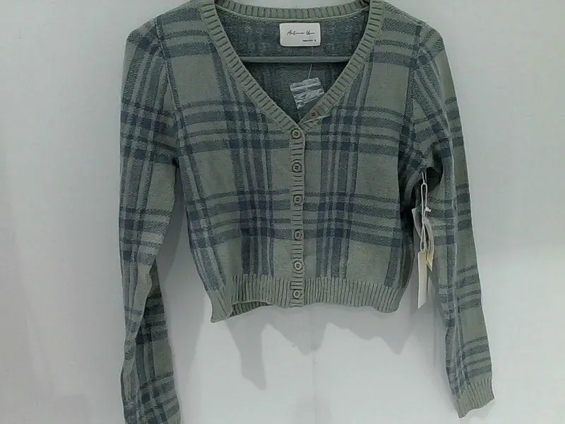 Plaid Crop Cardigan Sweater, Long Sleeve, Size Small