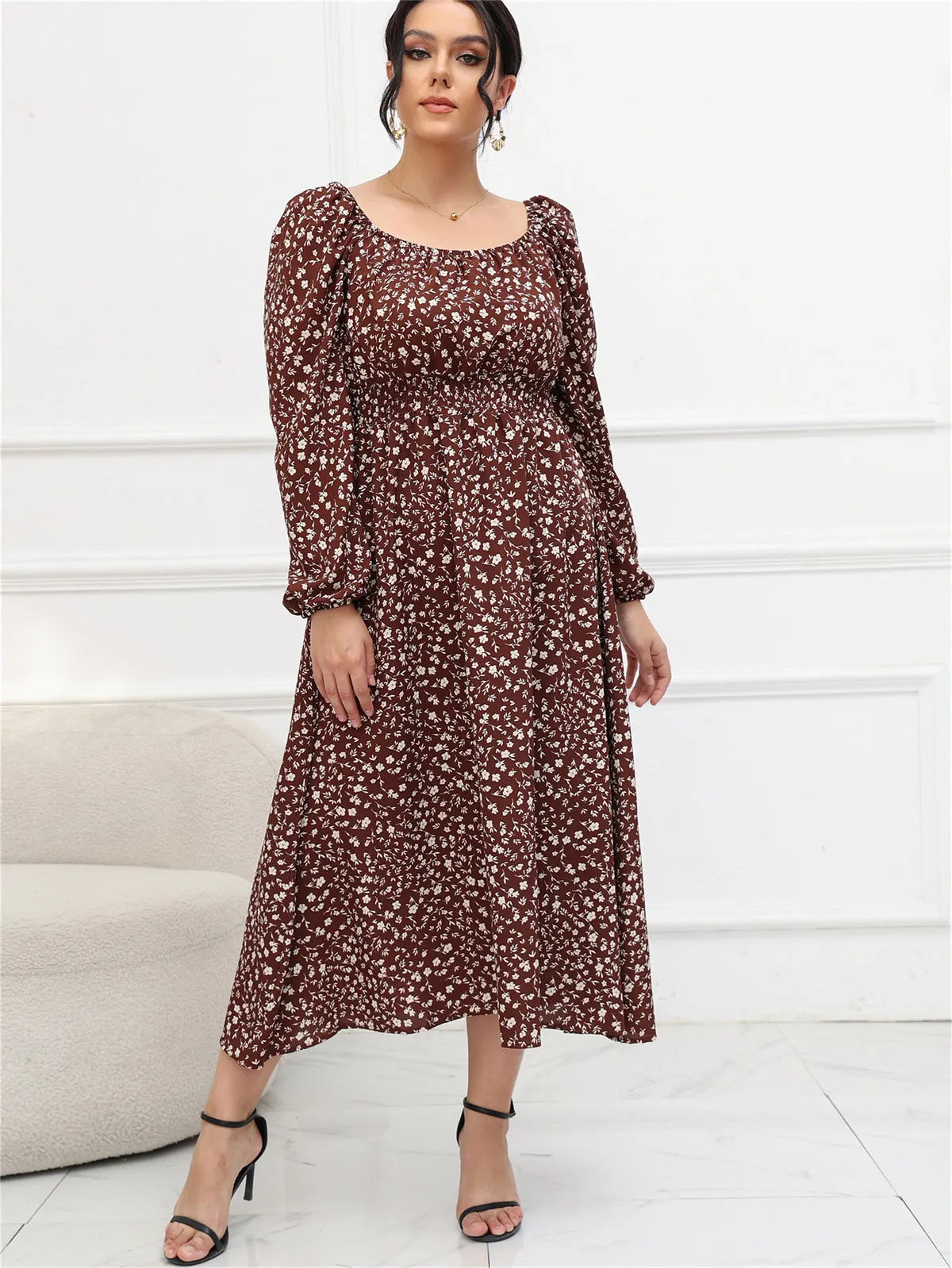 Plus Size Puff Sleeve Mid Length Dress