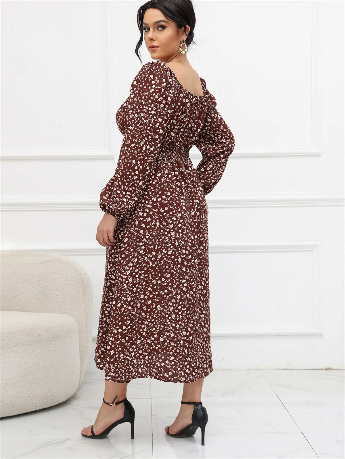 Plus Size Puff Sleeve Mid Length Dress