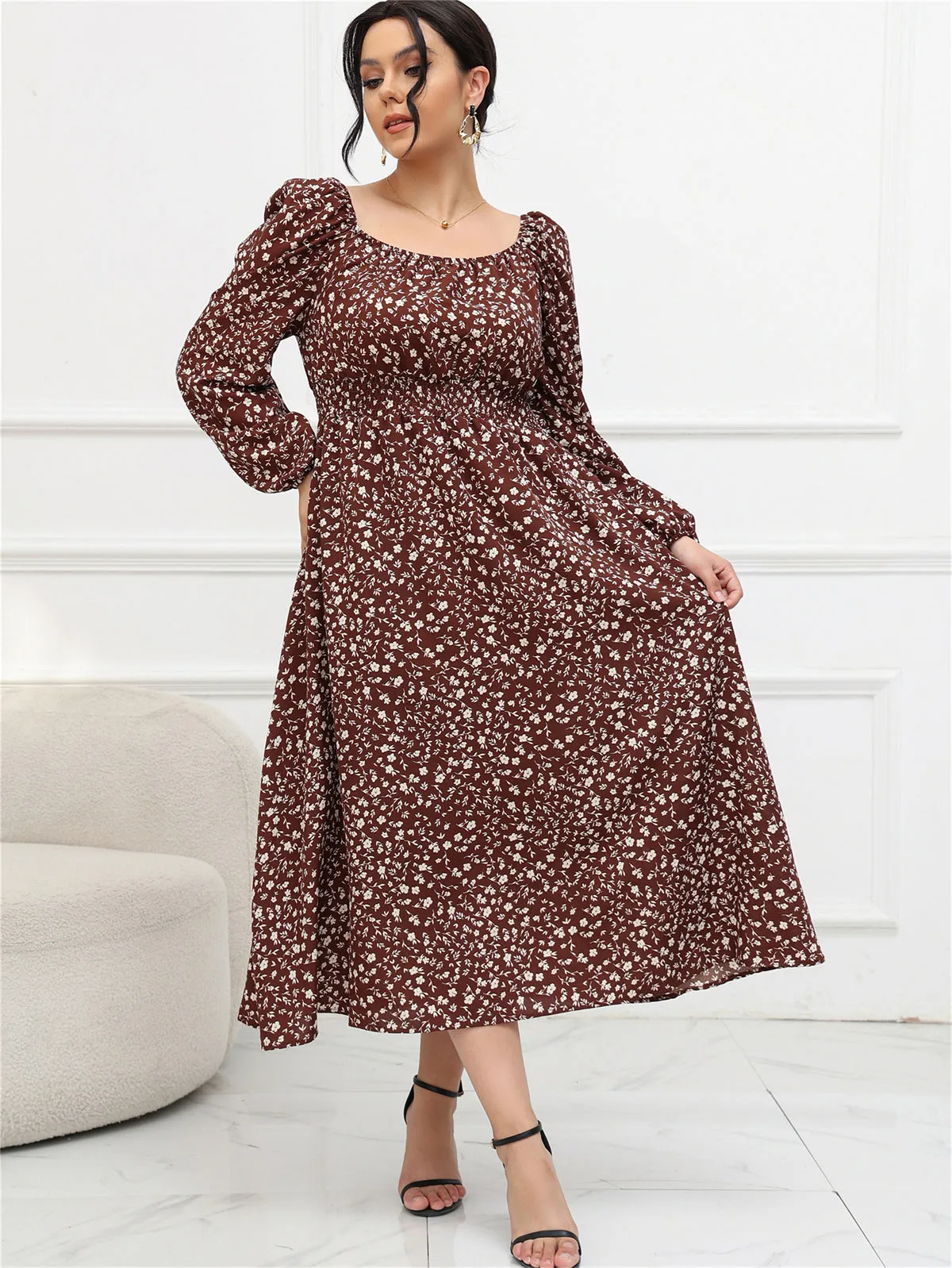 Plus Size Puff Sleeve Mid Length Dress