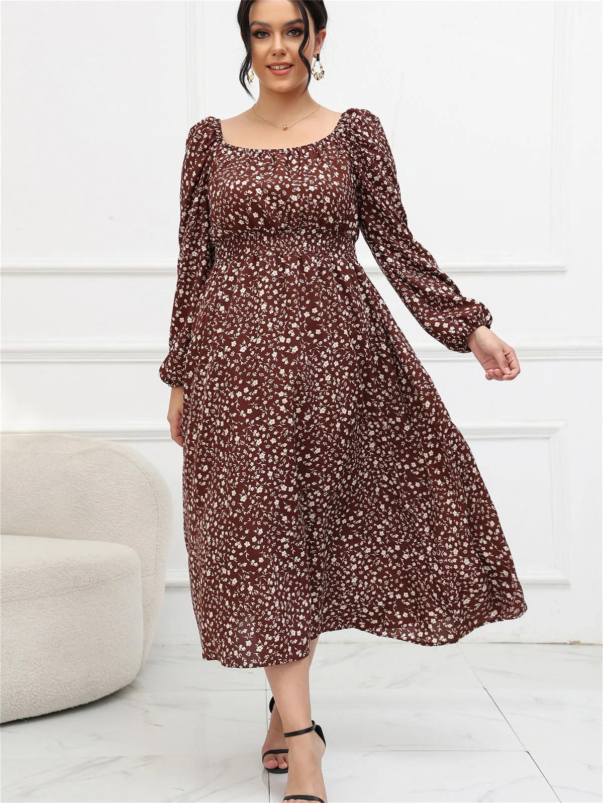 Plus Size Puff Sleeve Mid Length Dress