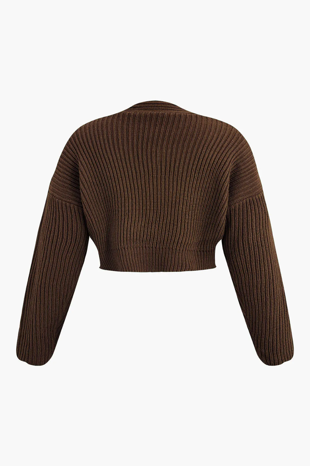 Plus Size Ribbed Knit Crop Long-Sleeve Top - Brown