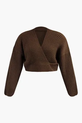 Plus Size Ribbed Knit Crop Long-Sleeve Top - Brown