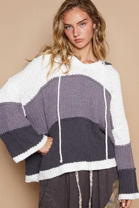 POL Hooded Sweater Color Block Striped Long Sleeve Knitwear