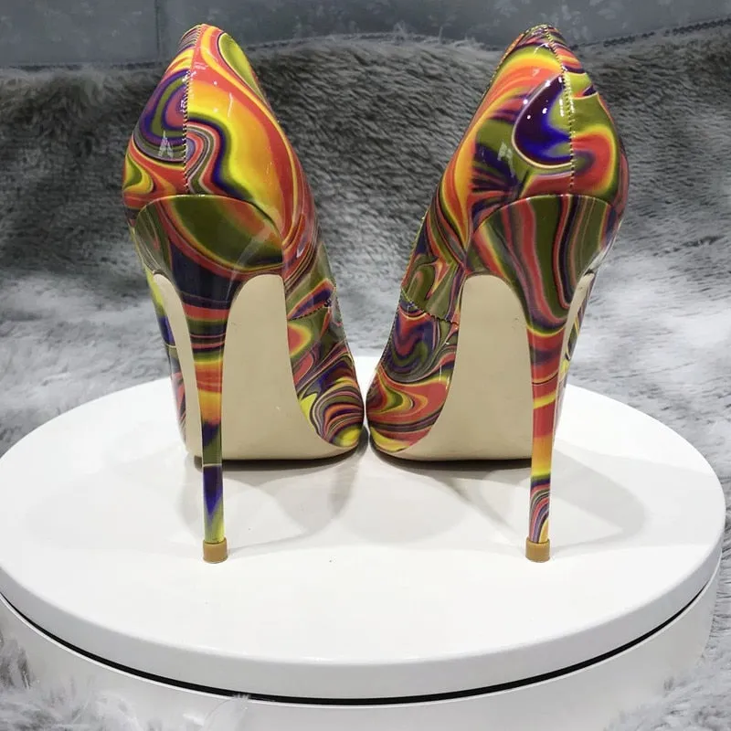 Printed Patent Leather Pointed Toe Stiletto Pumps