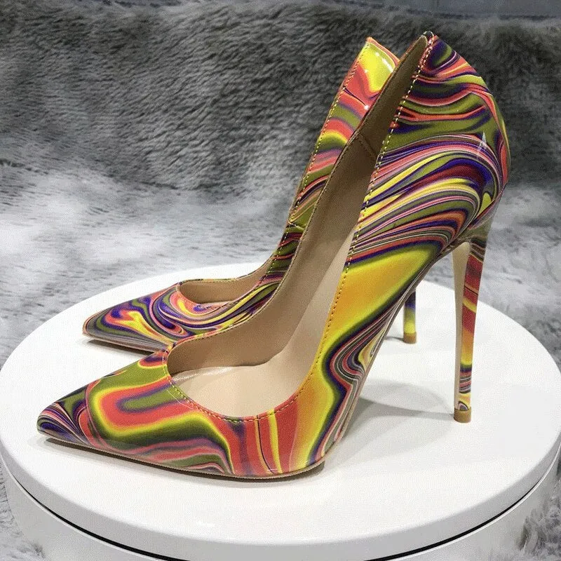 Printed Patent Leather Pointed Toe Stiletto Pumps