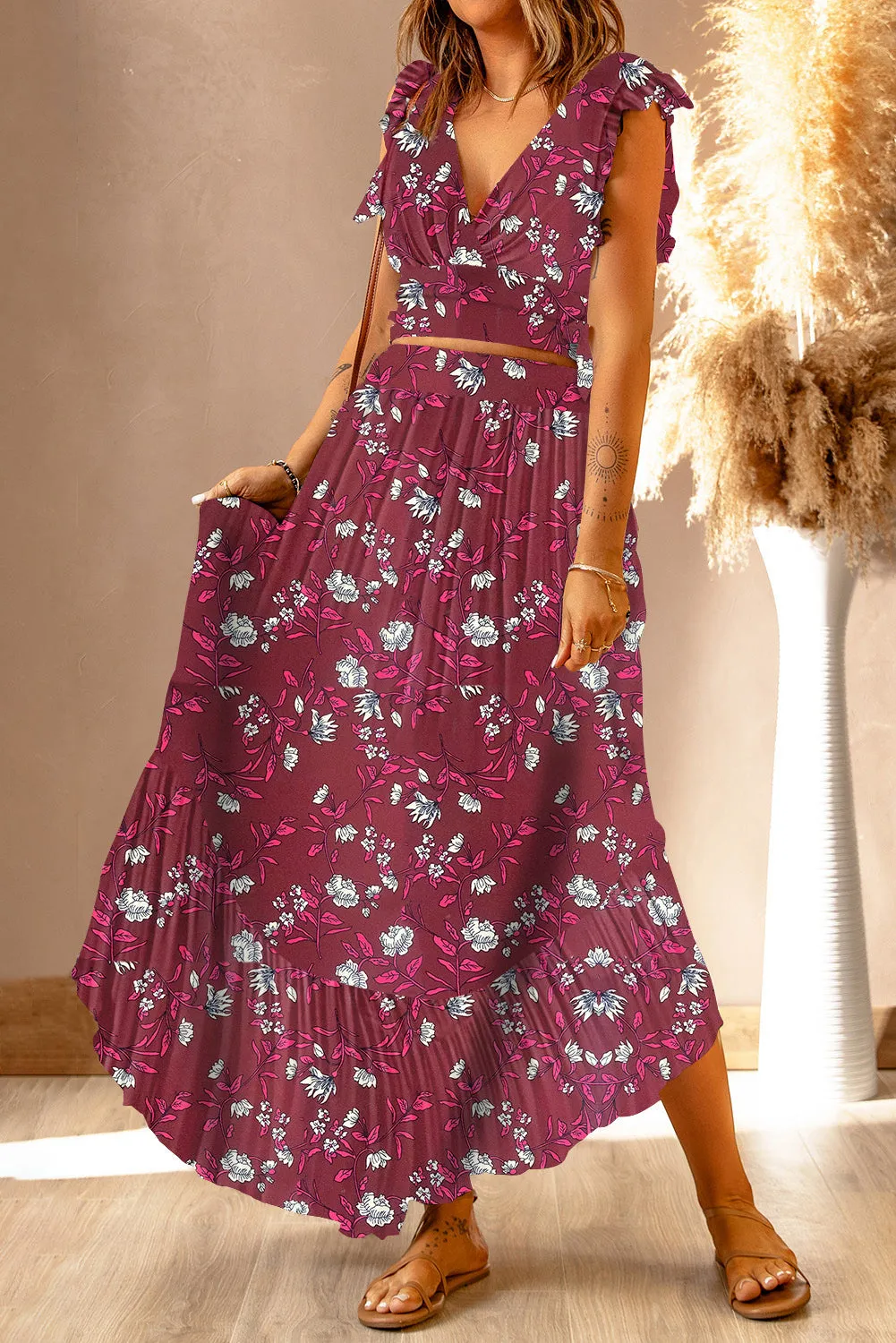 Printed Tie Back Cropped Top and Maxi Skirt Set