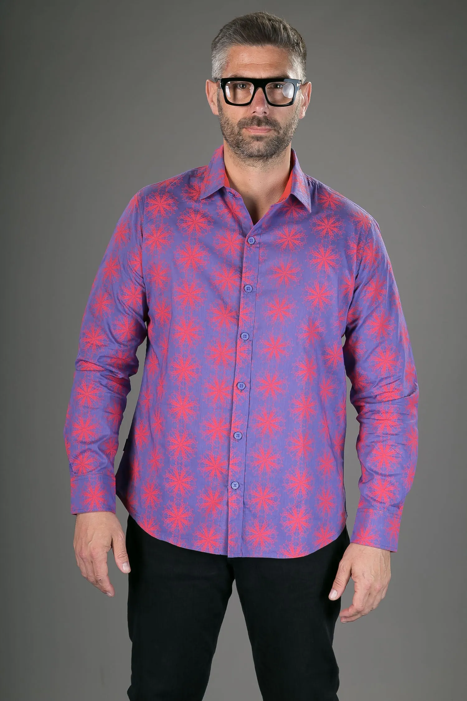 Purple Red Spiral Star Print Cotton Slim Fit Mens Shirt Long Sleeve