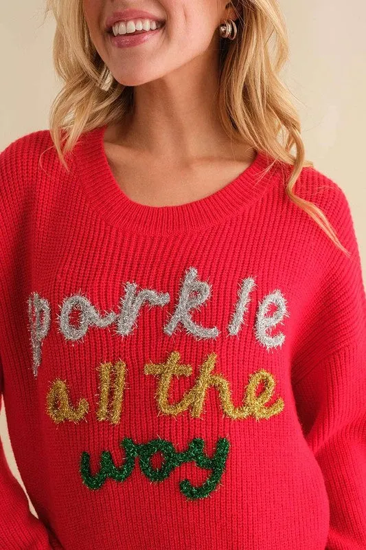 Red Sparkle All The Way Sparkle Letter Crop Sweater