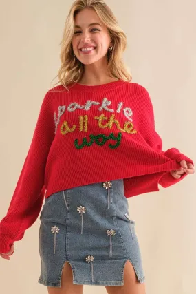 Red Sparkle All The Way Sparkle Letter Crop Sweater