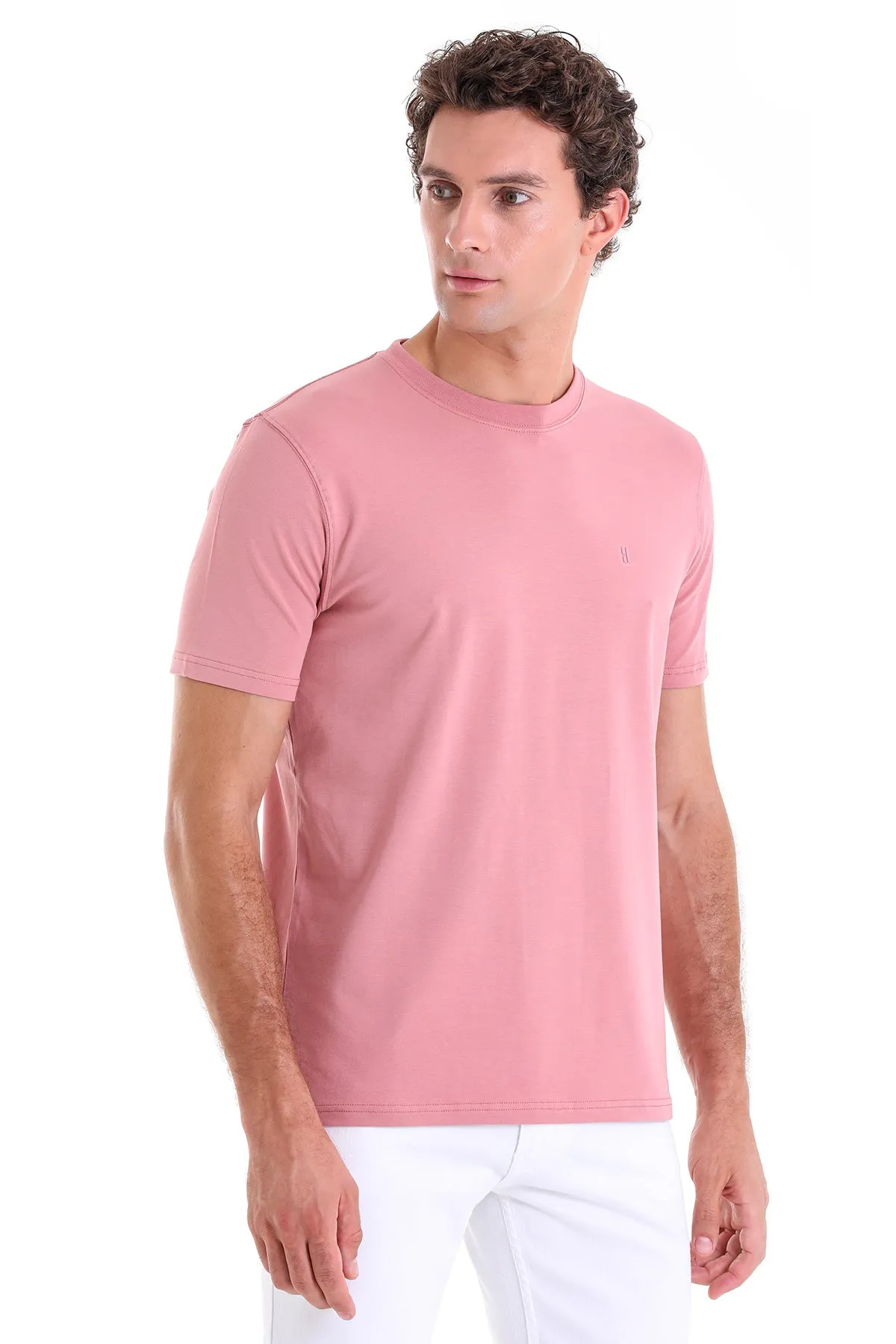 Regular Fit Cotton Blend Pink Crewneck T-Shirt