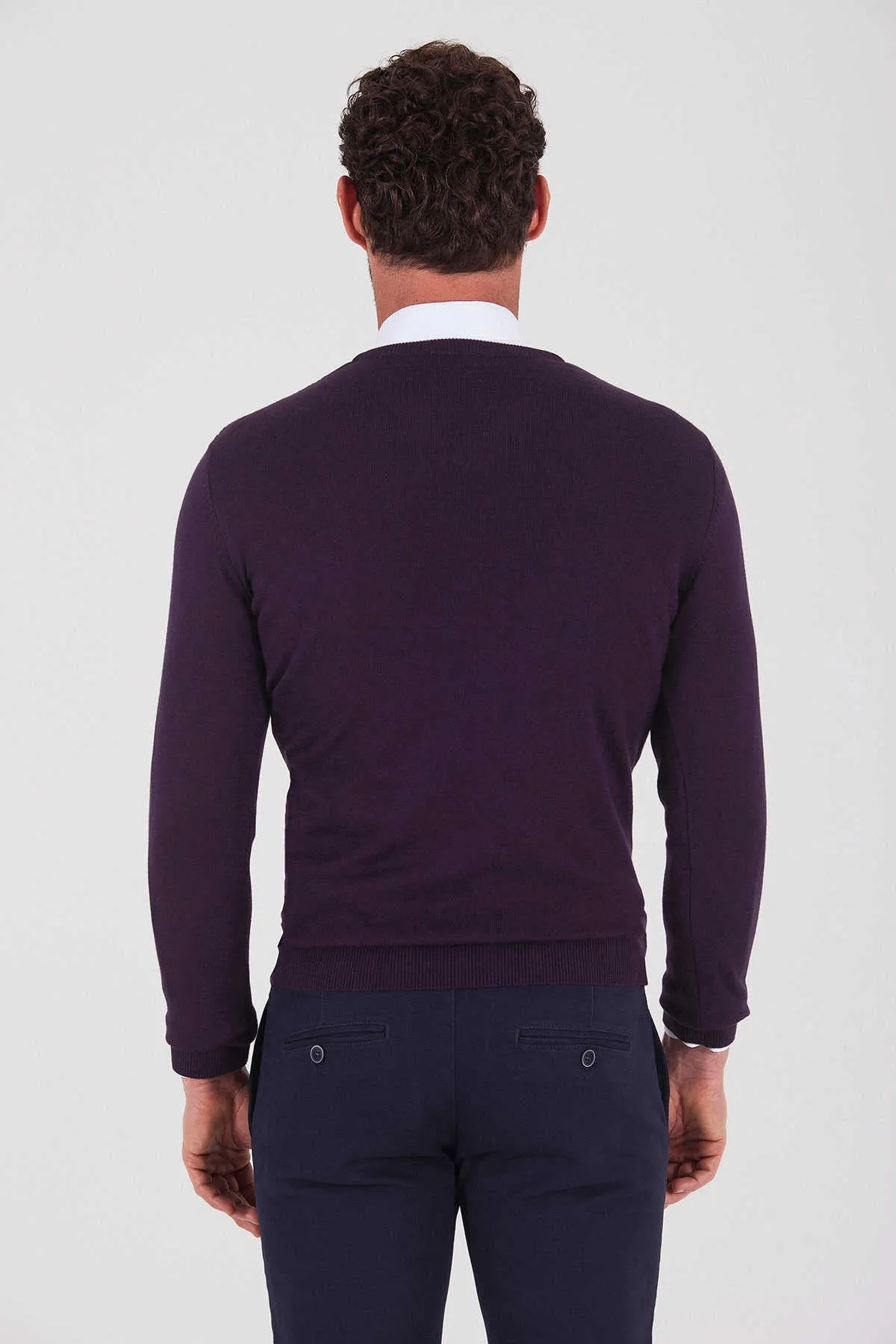 Regular Fit Plain Cotton Blend Khaki V-Neck Sweater, Purple