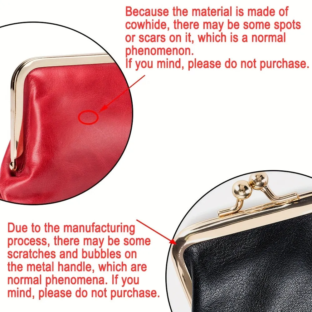 Retro Double Layer Coin Purse For Women, Mini Oil Wax Leather Storage Bags, Genuine Leather Kiss Lock Wallet For Key, Earphone