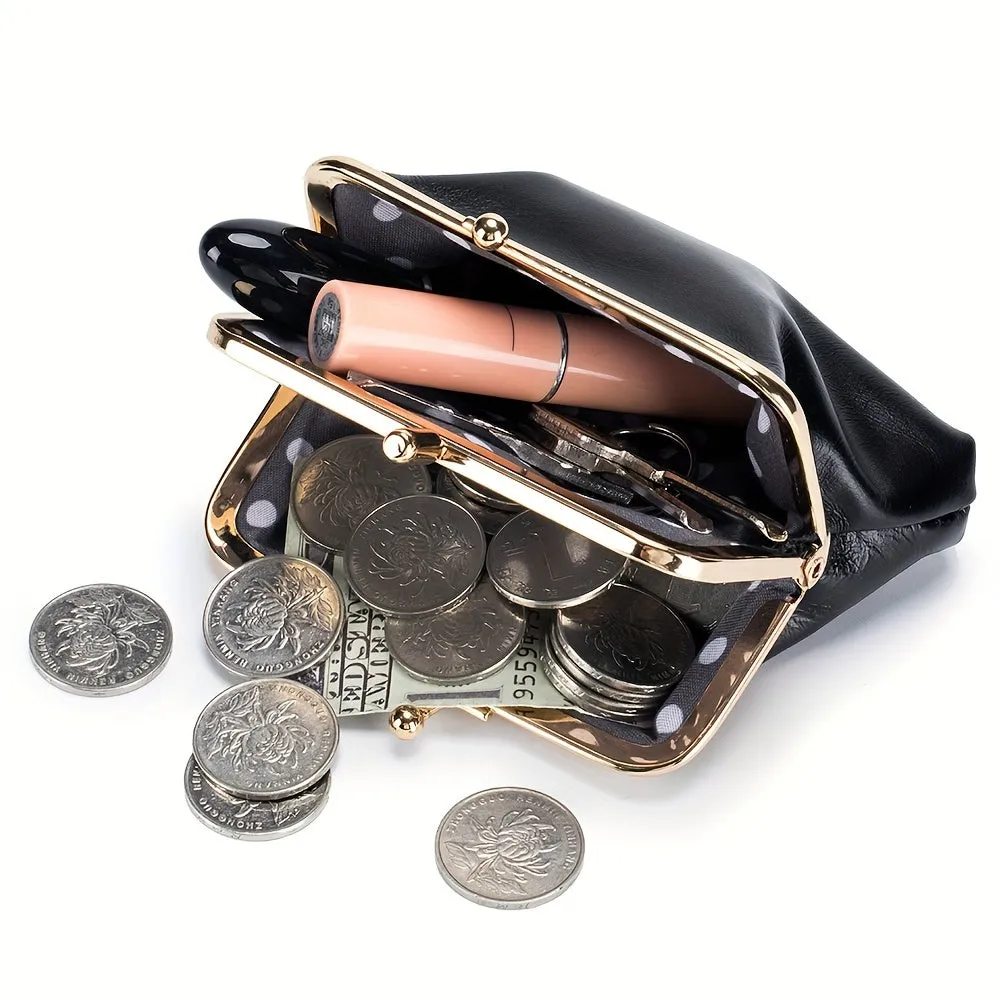 Retro Double Layer Coin Purse For Women, Mini Oil Wax Leather Storage Bags, Genuine Leather Kiss Lock Wallet For Key, Earphone