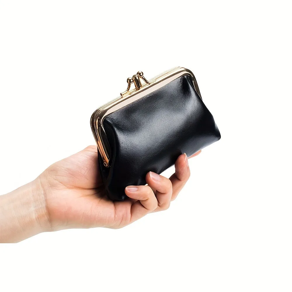 Retro Double Layer Coin Purse For Women, Mini Oil Wax Leather Storage Bags, Genuine Leather Kiss Lock Wallet For Key, Earphone