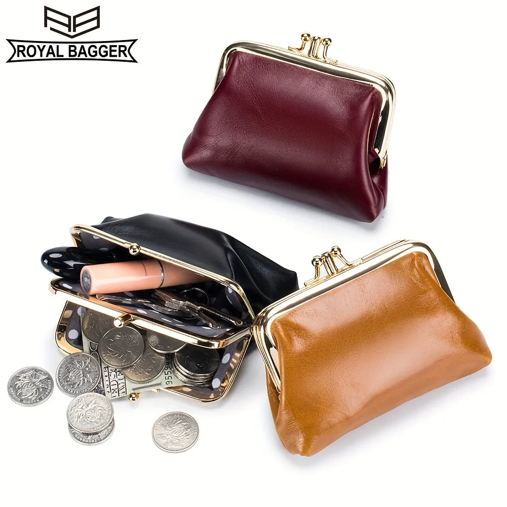 Retro Double Layer Coin Purse For Women, Mini Oil Wax Leather Storage Bags, Genuine Leather Kiss Lock Wallet For Key, Earphone