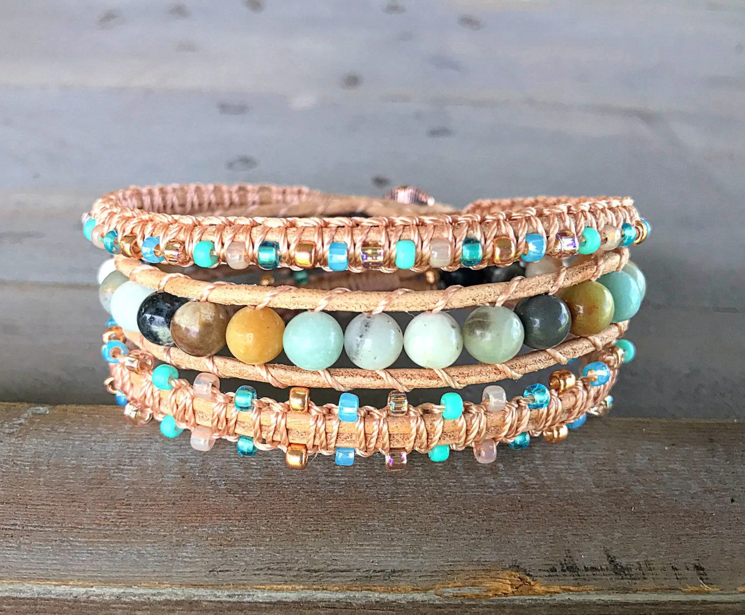 Rose gold Amazonite and Macrame Boho 3x wrap bracelet