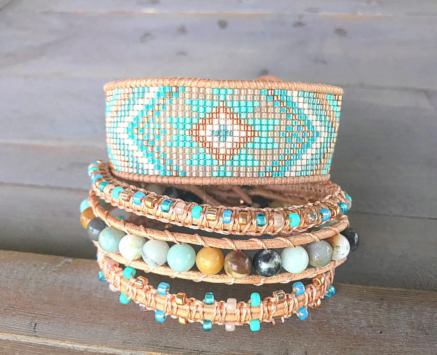 Rose gold Amazonite and Macrame Boho 3x wrap bracelet