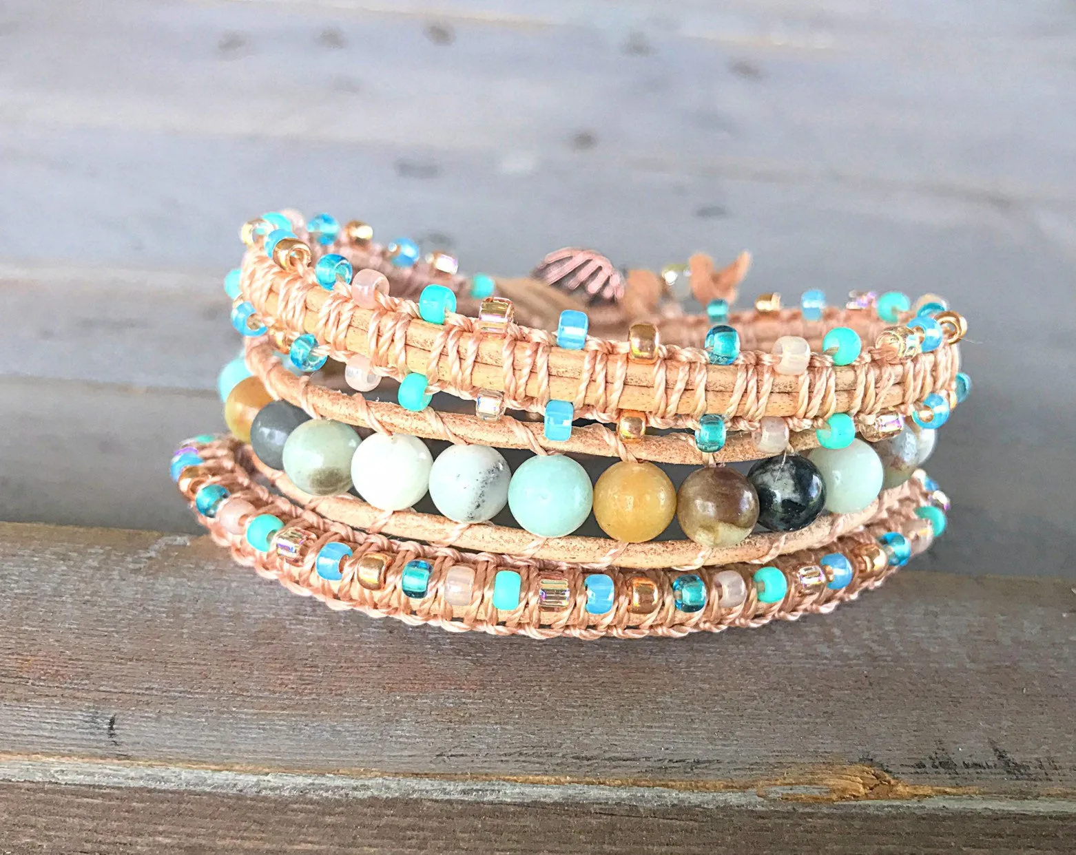 Rose gold Amazonite and Macrame Boho 3x wrap bracelet