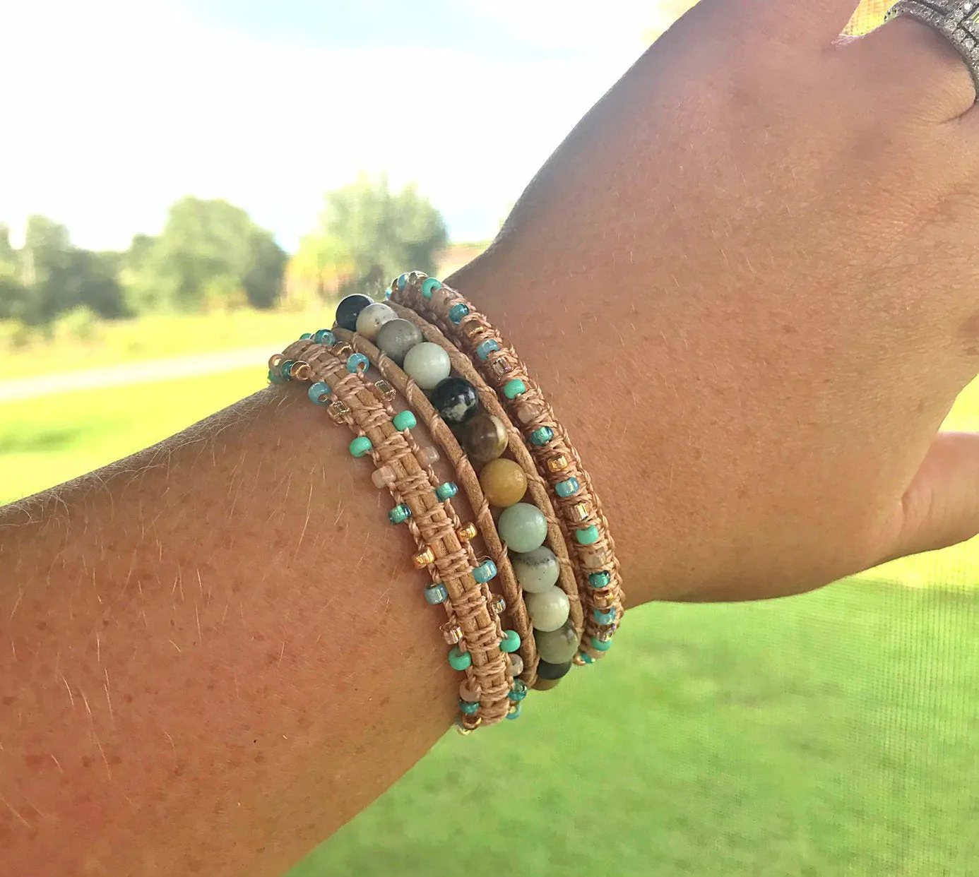 Rose gold Amazonite and Macrame Boho 3x wrap bracelet