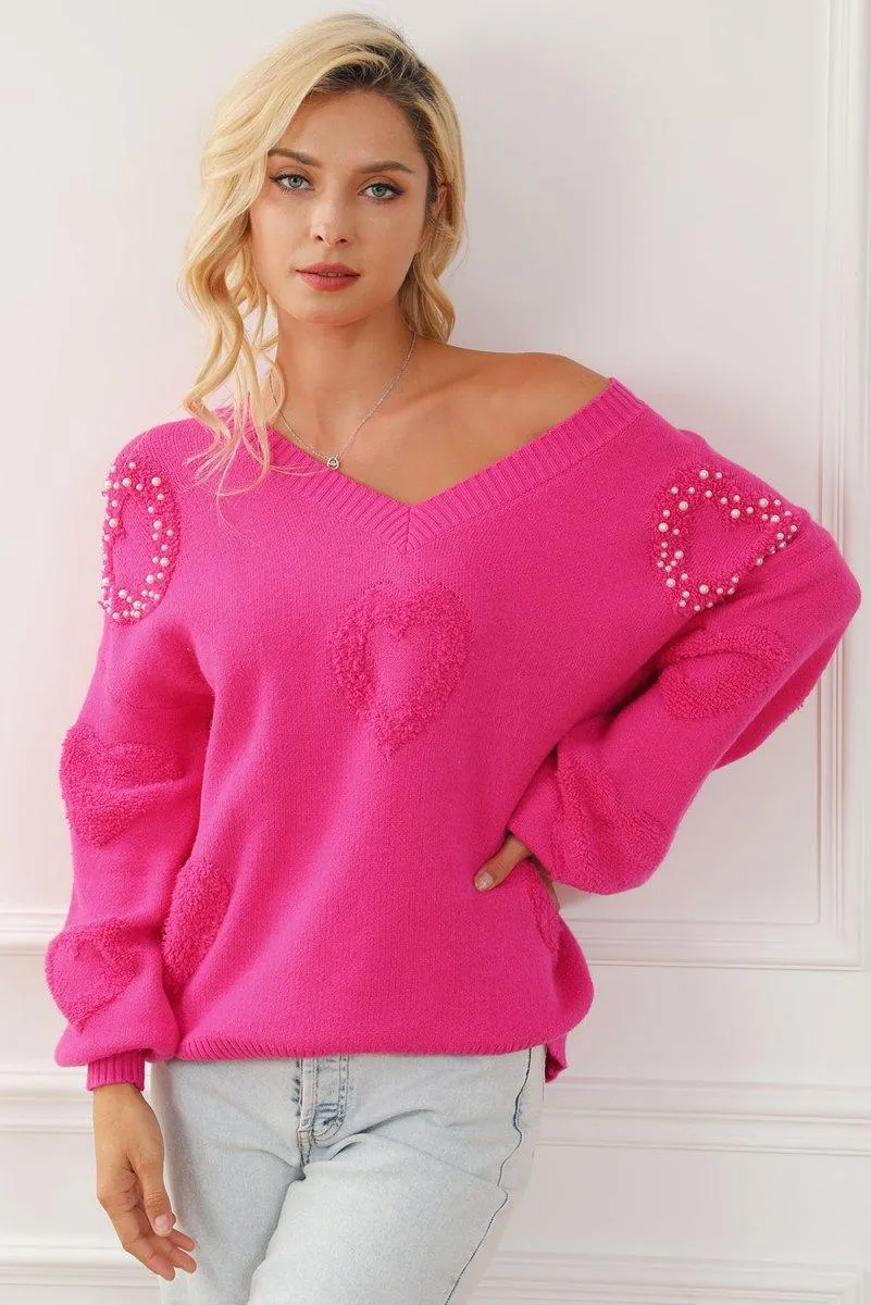 Rose Pearl Heart Embellished Fuzzy Sweater