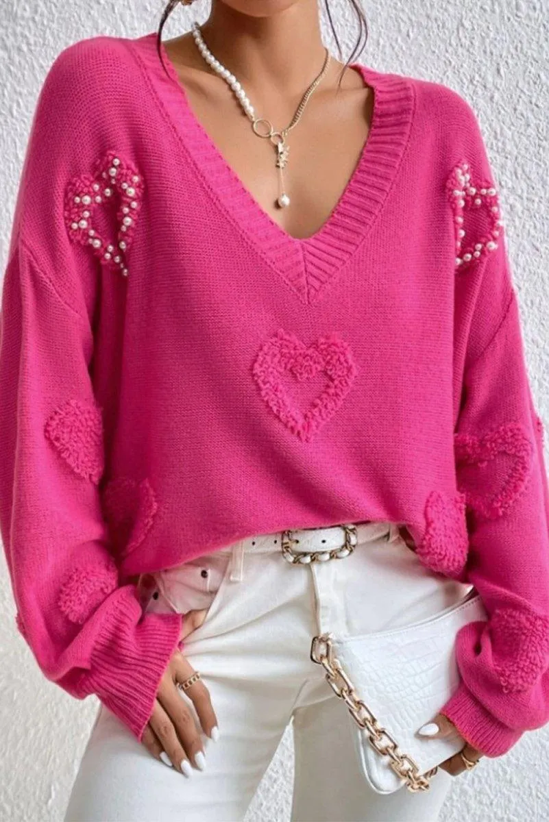 Rose Pearl Heart Embellished Fuzzy Sweater