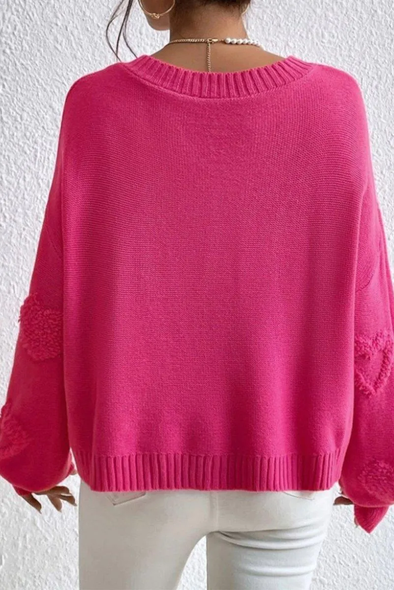 Rose Pearl Heart Embellished Fuzzy Sweater