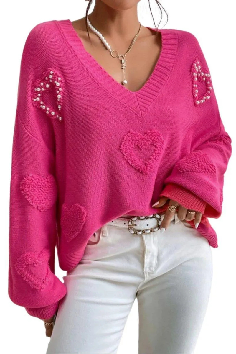 Rose Pearl Heart Embellished Fuzzy Sweater