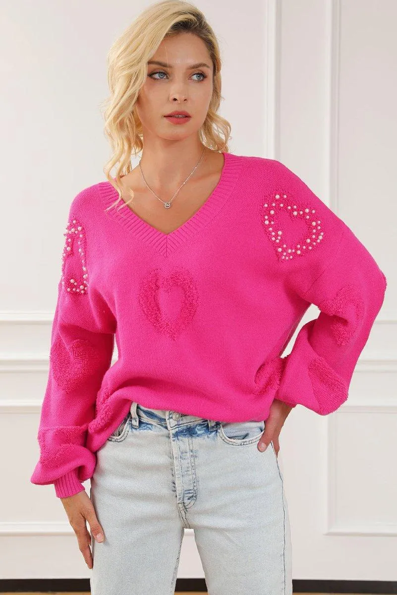 Rose Pearl Heart Embellished Fuzzy Sweater