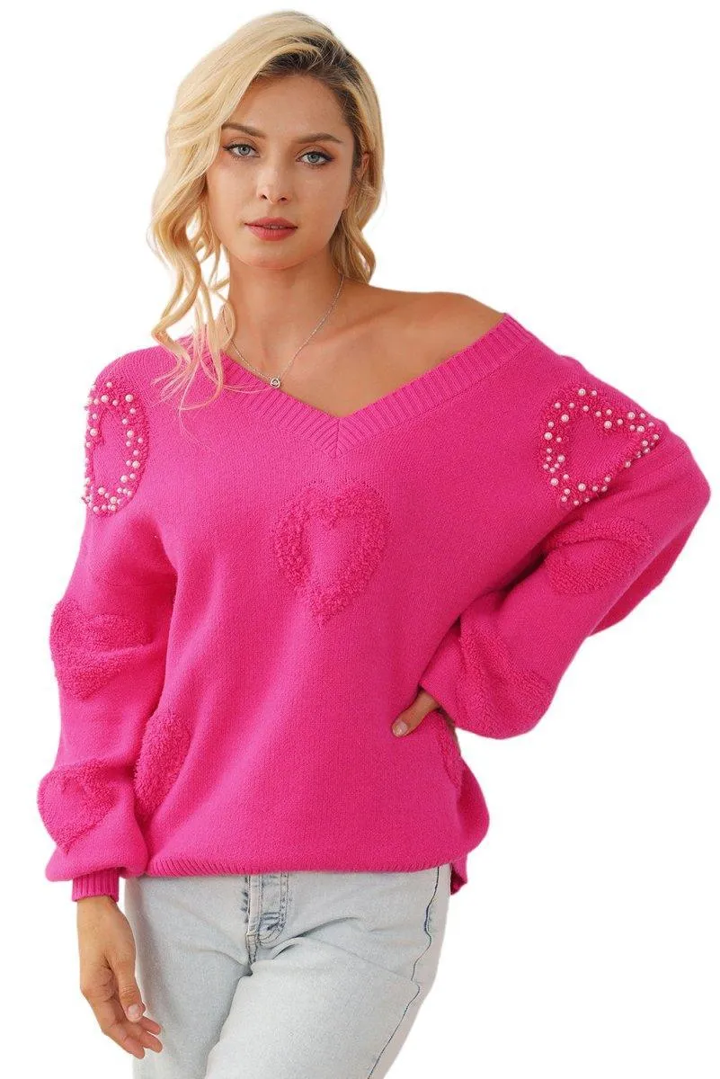 Rose Pearl Heart Embellished Fuzzy Sweater