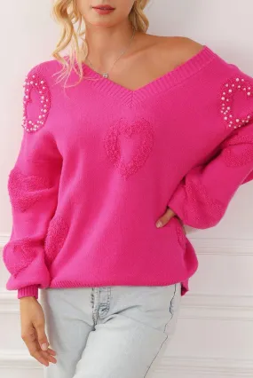 Rose Pearl Heart Embellished Fuzzy Sweater